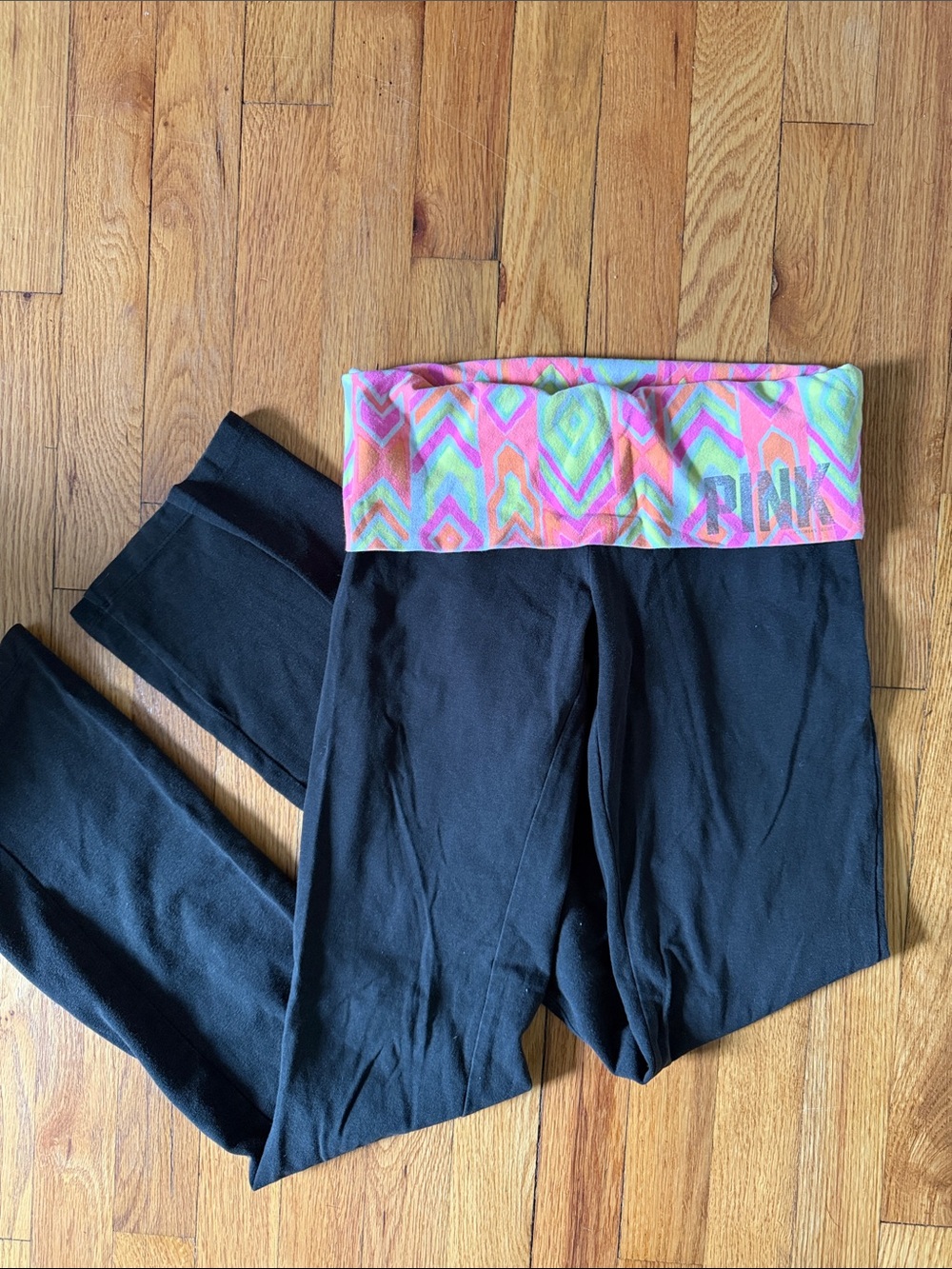 VS PINK Black Leggings with Multicolor Fold-Over Waistband